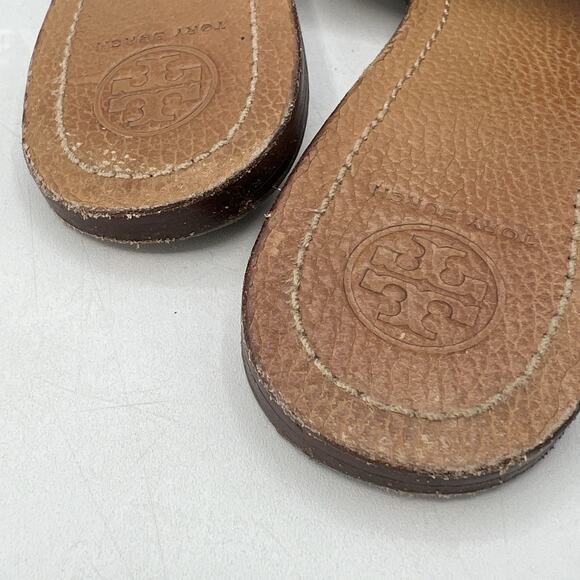 Womens Tory Burch Slip On Slide Sandals Leather Tan Perforated Logo Size 10.5 - Picture 8 of 9